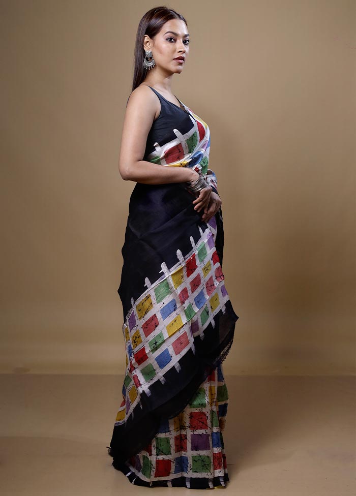 Black Printed Pure Silk Saree Without Blouse Piece