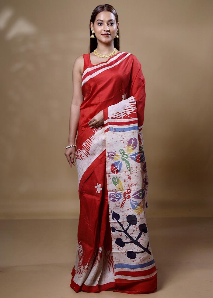 Red  Printed Pure Silk Saree Without Blouse Piece