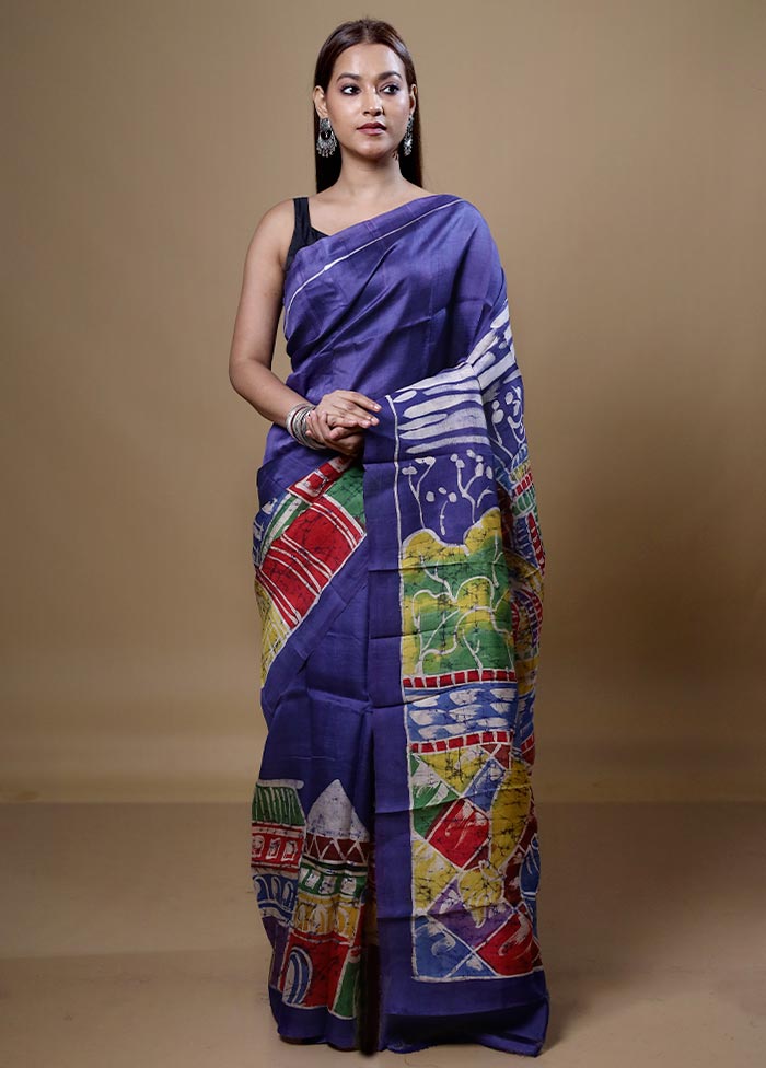 Blue Printed Pure Silk Saree Without Blouse Piece