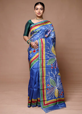 Blue Printed Pure Silk Saree Without Blouse Piece