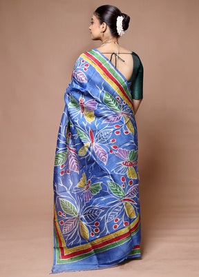 Blue Printed Pure Silk Saree Without Blouse Piece