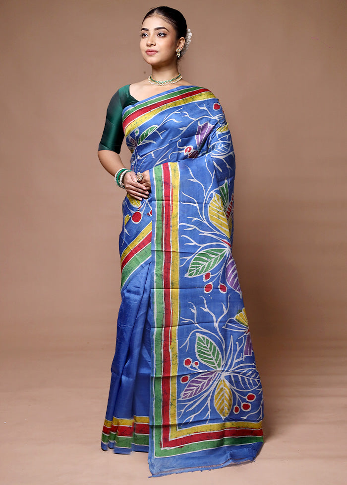 Blue Printed Pure Silk Saree Without Blouse Piece