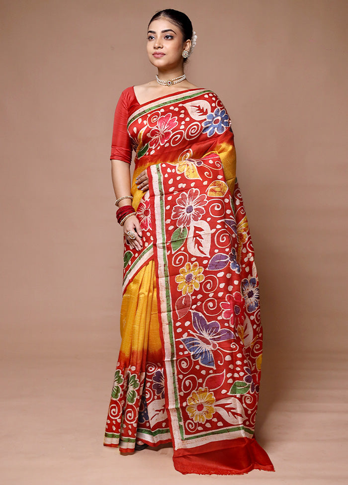 Red Printed Pure Silk Saree Without Blouse Piece