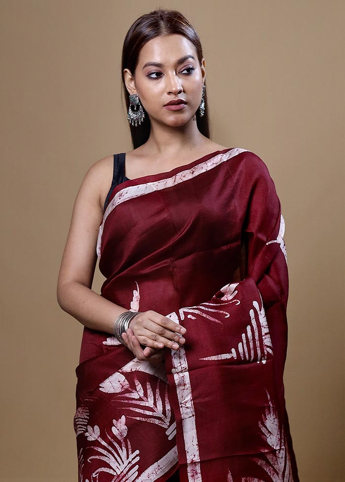 Maroon Printed Pure Silk Saree Without Blouse Piece