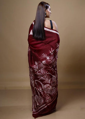 Maroon Printed Pure Silk Saree Without Blouse Piece