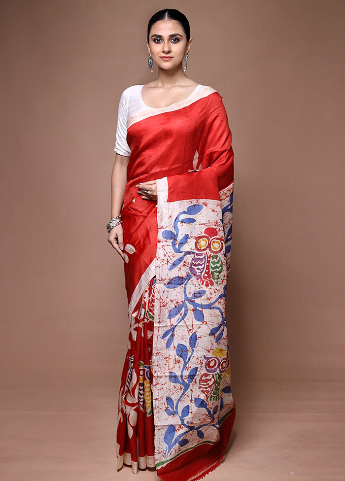 Red Printed Pure Silk Saree Without Blouse Piece