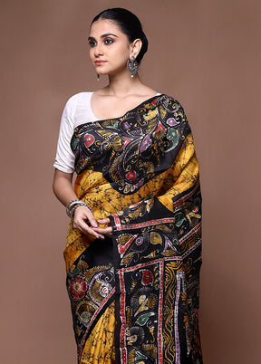 Yellow Printed Pure Silk Saree Without Blouse Piece