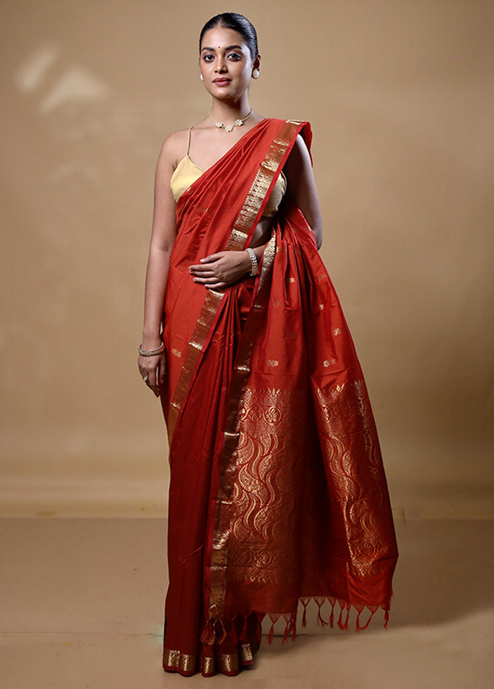 Rust Kanjivaram Silk Saree With Blouse Piece