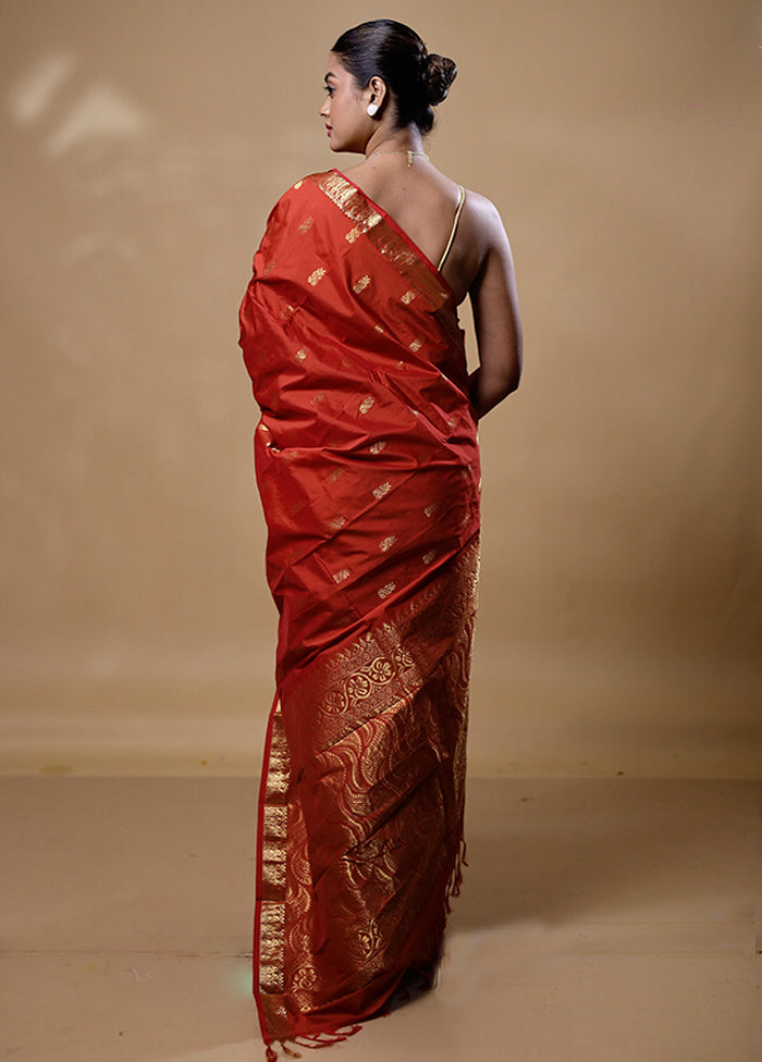 Rust Kanjivaram Silk Saree With Blouse Piece