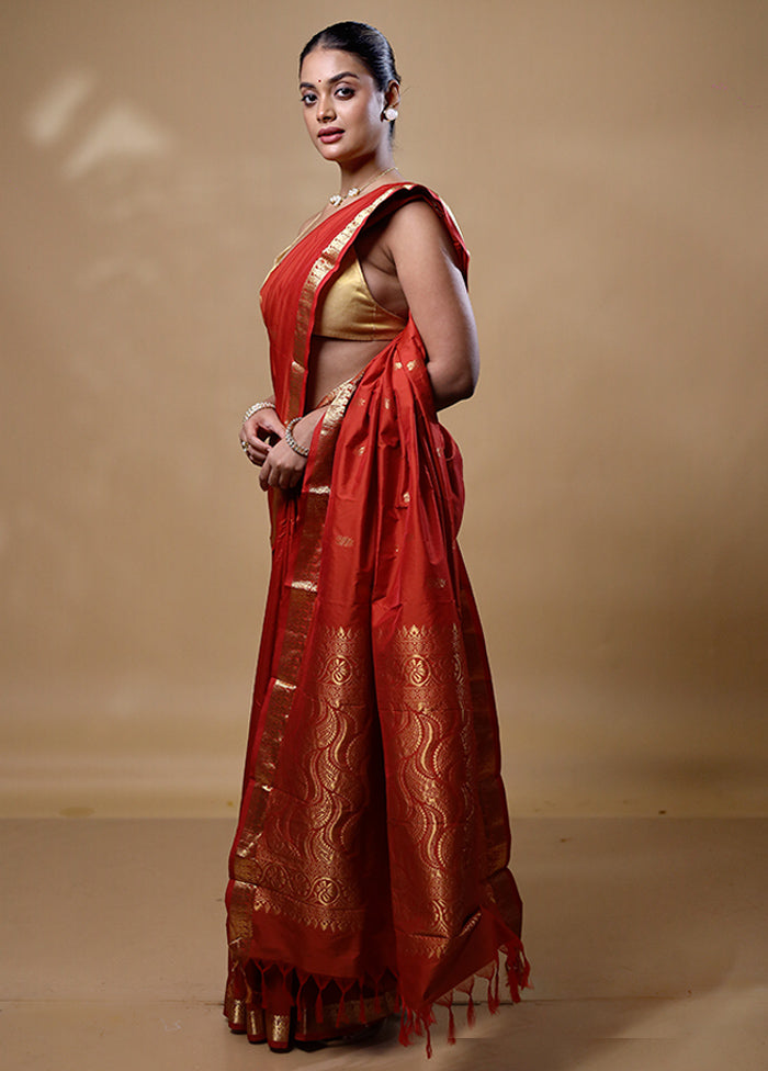 Rust Kanjivaram Silk Saree With Blouse Piece