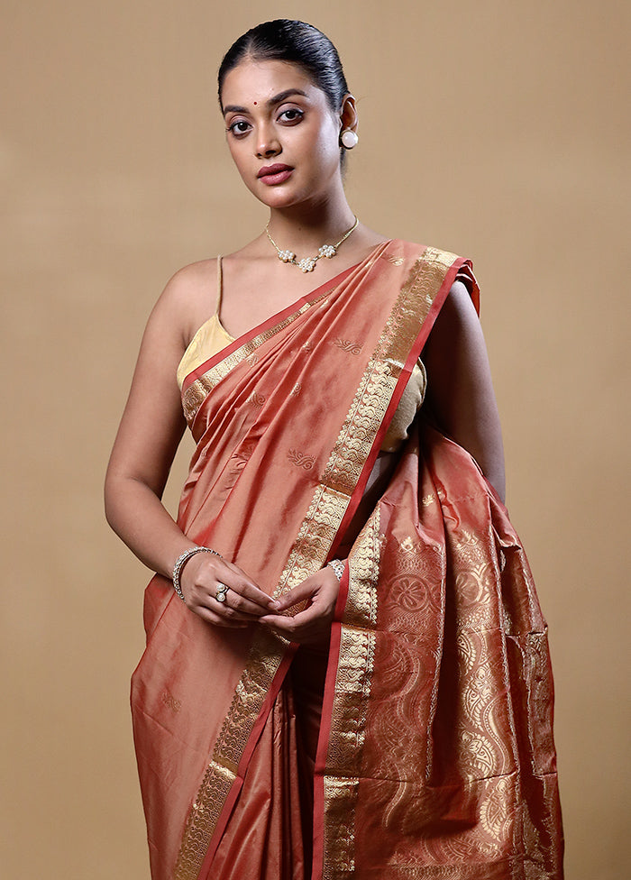 Peach Kanjivaram Silk Saree With Blouse Piece