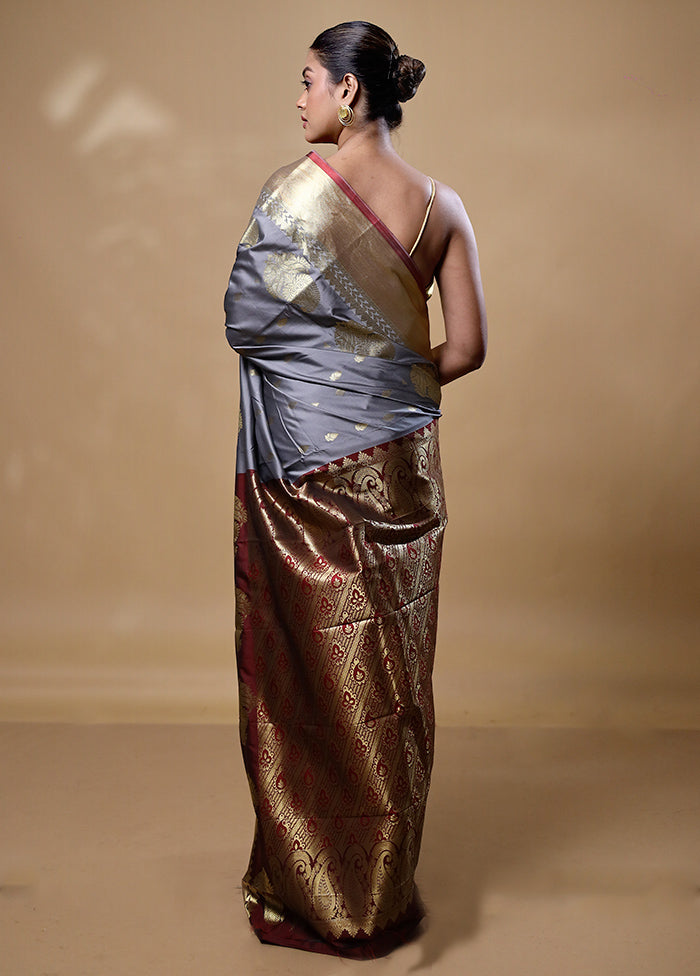 Grey Kanjivaram Silk Saree With Blouse Piece