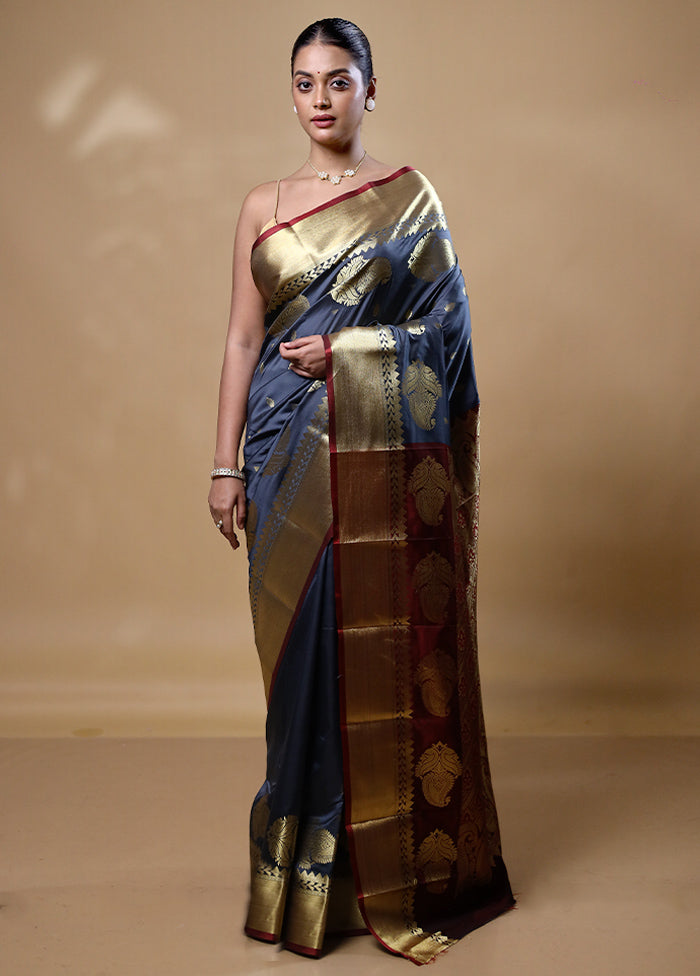 Grey Kanjivaram Silk Saree With Blouse Piece