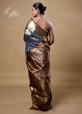 Grey Kanjivaram Silk Saree With Blouse Piece