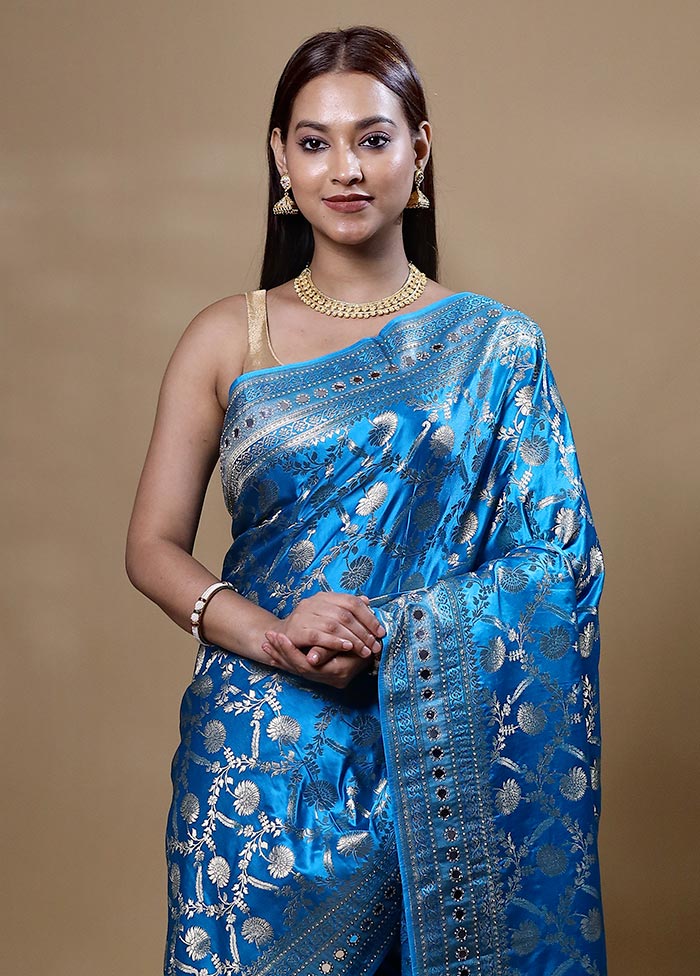 Blue Dupion Silk Saree With Blouse Piece