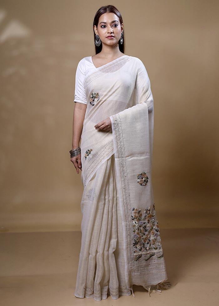 White Linen Silk Saree With Blouse Piece