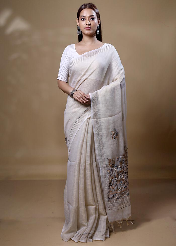 White Linen Silk Saree With Blouse Piece