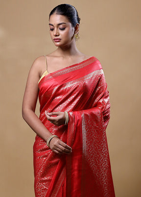 Red Dupion Silk Saree With Blouse Piece