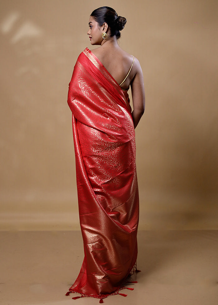 Red Dupion Silk Saree With Blouse Piece