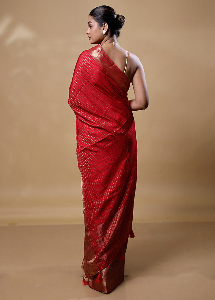 Red Dupion Silk Saree With Blouse Piece