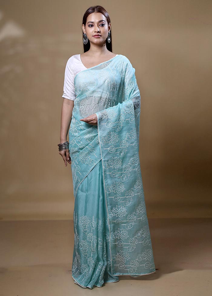 Blue Organza Saree With Blouse Piece