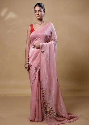 Pink Crushed Tissue Silk Saree With Blouse Piece