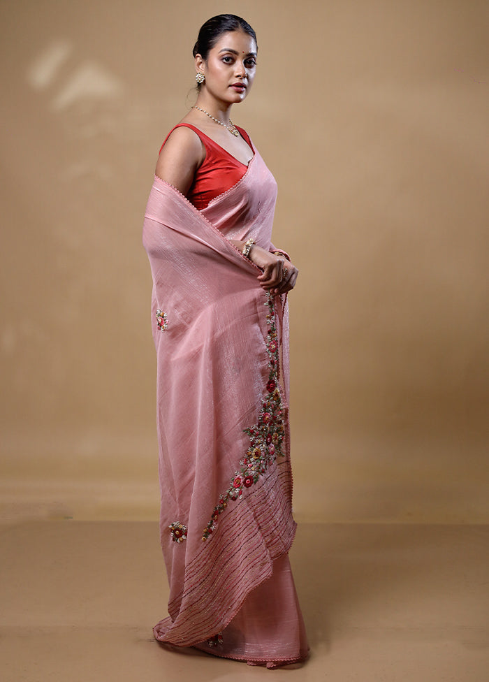 Pink Crushed Tissue Silk Saree With Blouse Piece