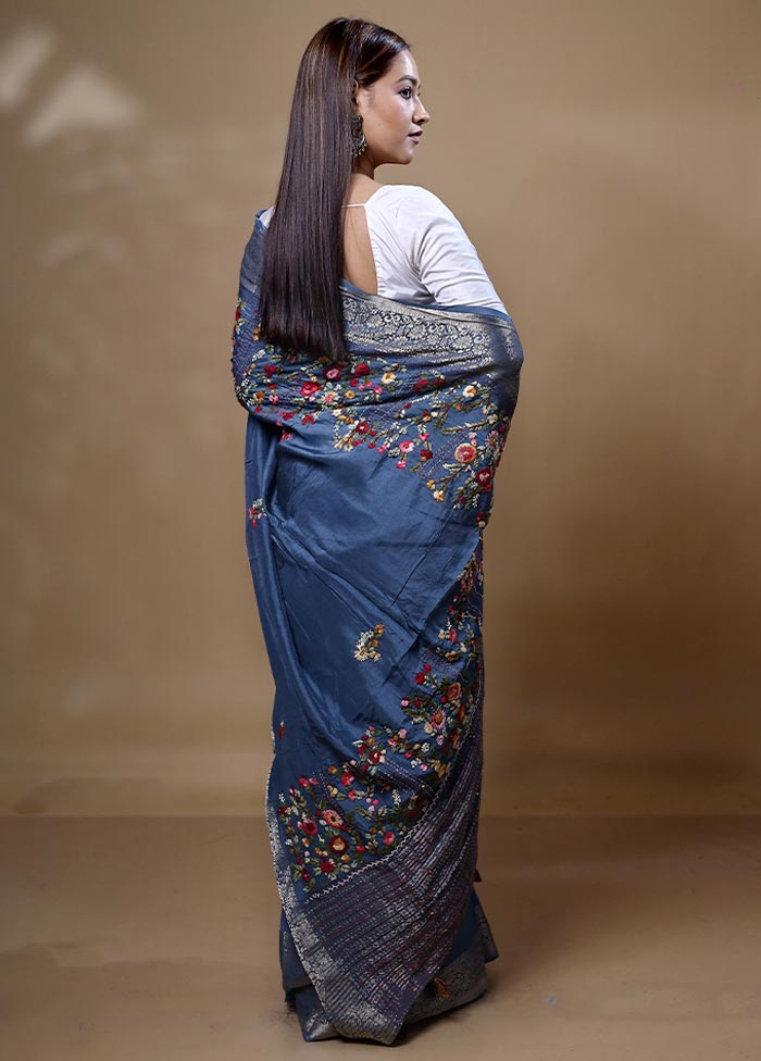 Blue Dupion Silk Saree With Blouse Piece