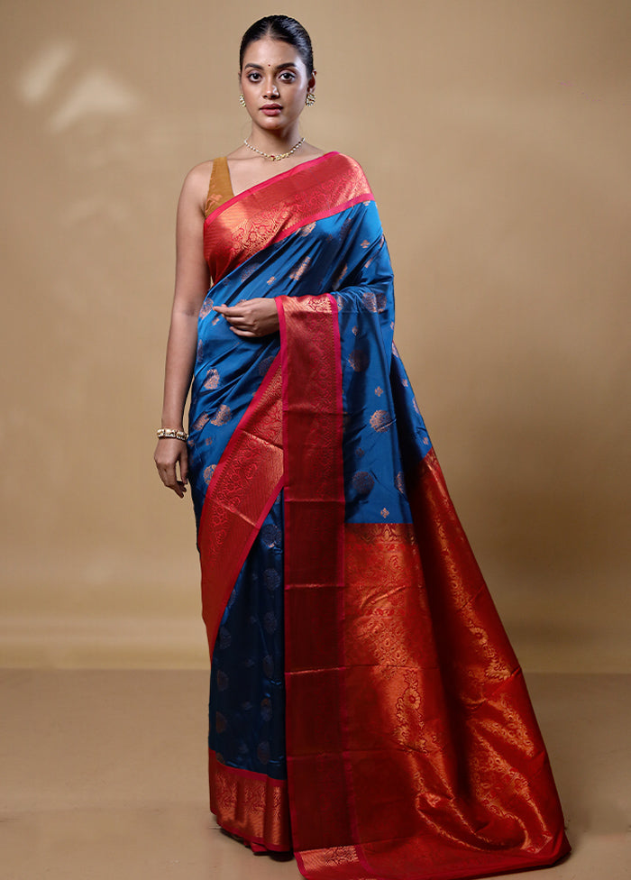 Blue Kanjivaram Silk Saree With Blouse Piece