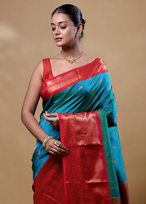 Blue Kanjivaram Silk Saree With Blouse Piece