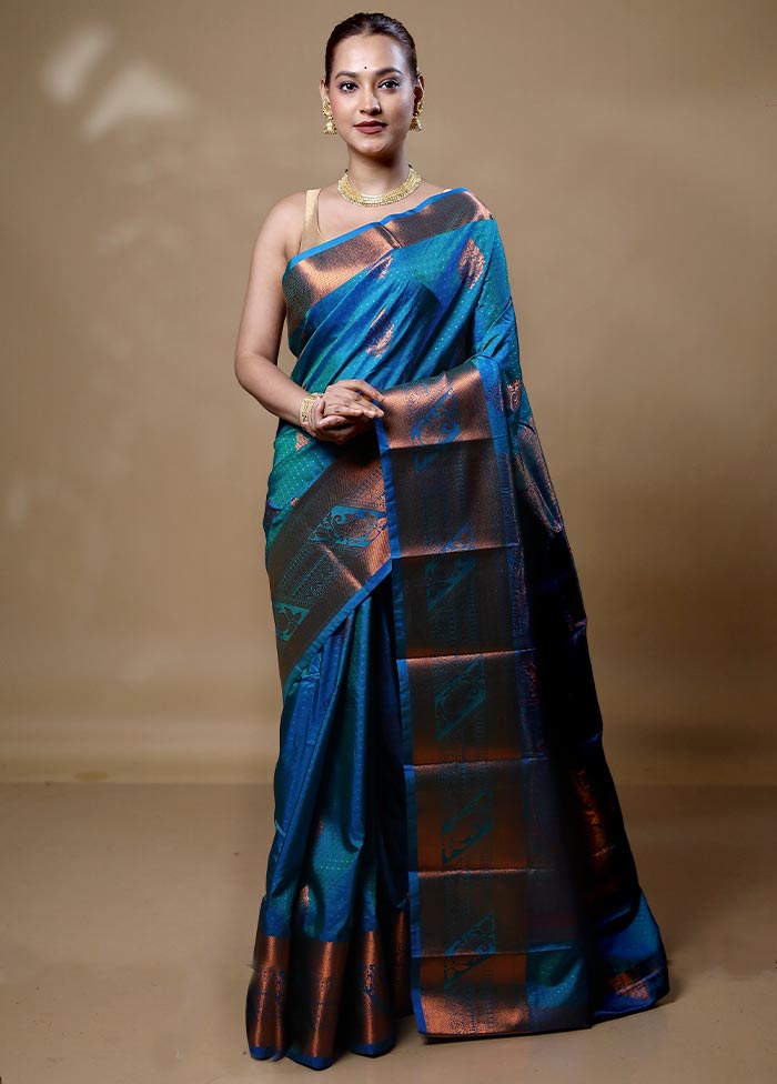 Blue Kanjivaram Silk Saree With Blouse Piece