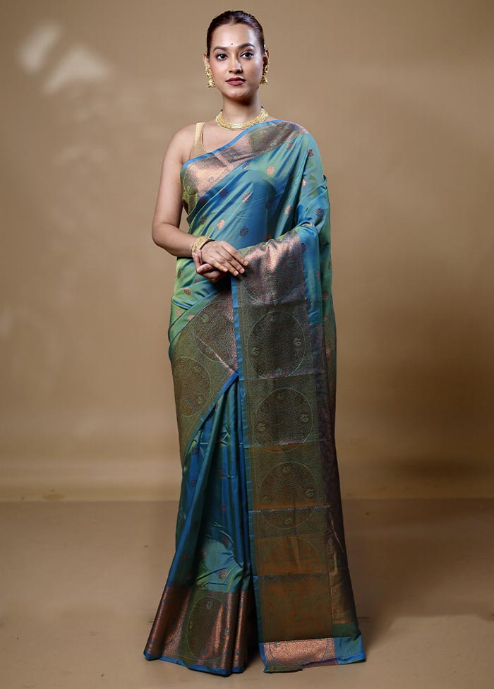 Blue Kanjivaram Silk Saree With Blouse Piece