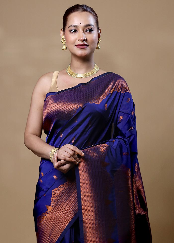 Blue Kanjivaram Silk Saree With Blouse Piece