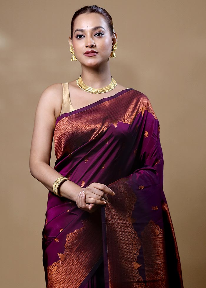 Wine Kanjivaram Silk Saree With Blouse Piece