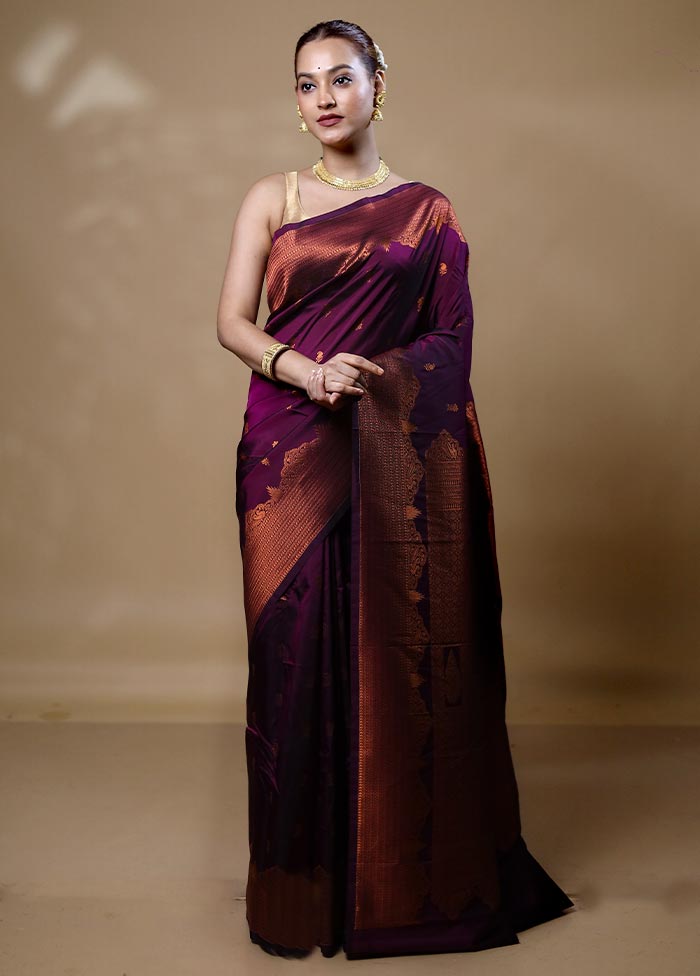 Wine Kanjivaram Silk Saree With Blouse Piece