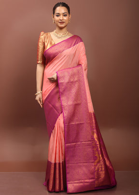 Peach Kanjivaram Silk Saree With Blouse Piece