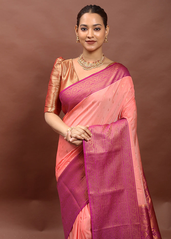 Peach Kanjivaram Silk Saree With Blouse Piece