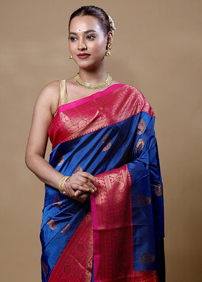 Blue Kanjivaram Silk Saree With Blouse Piece