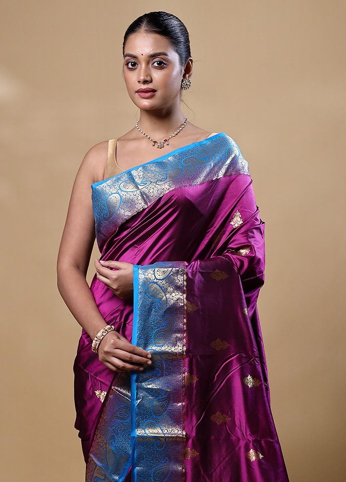 Violet Handloom Kanjivaram Pure Silk Saree With Blouse Piece