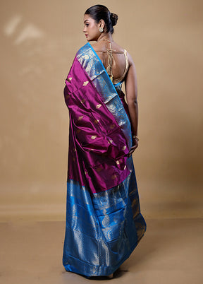 Violet Handloom Kanjivaram Pure Silk Saree With Blouse Piece