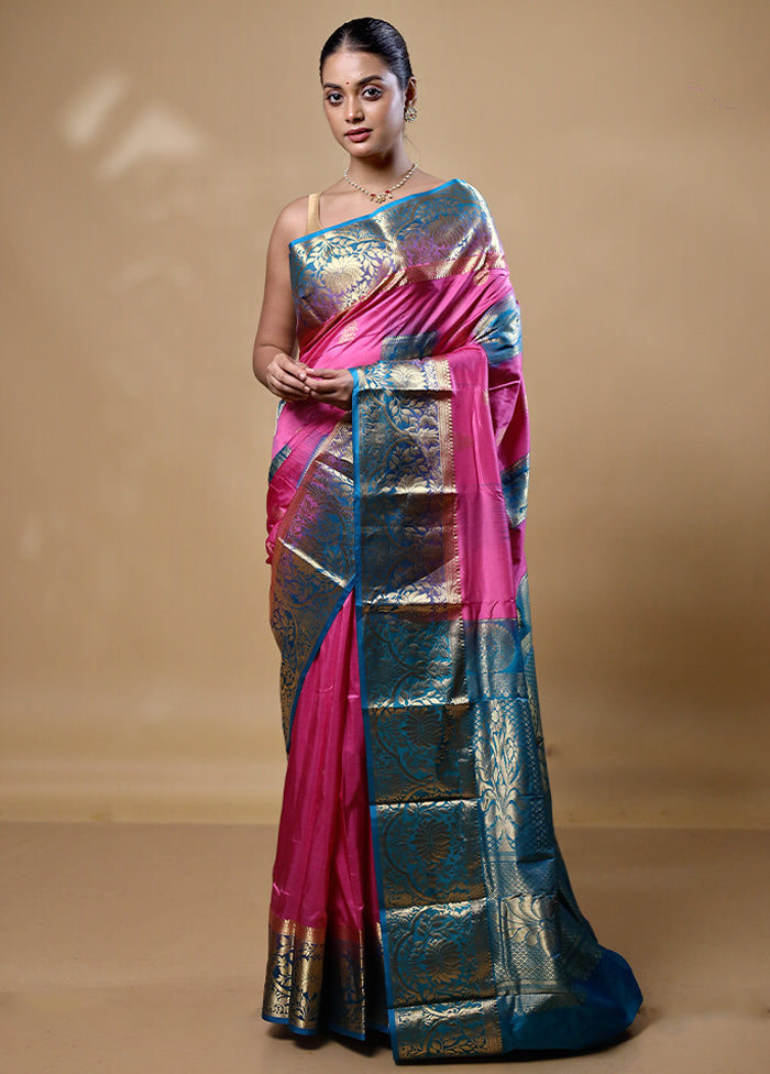 Pink Handloom Kanchipuram Pure Silk Saree With Blouse Piece