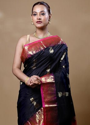 Black Handloom Kanjivaram Pure Silk Saree With Blouse Piece