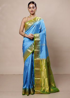 Blue Handloom Kanjivaram Pure Silk Saree With Blouse Piece