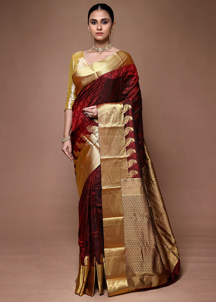 Maroon Handloom Kanjivaram Pure Silk Saree With Blouse Piece