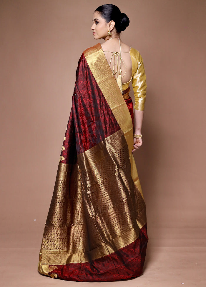 Maroon Handloom Kanjivaram Pure Silk Saree With Blouse Piece