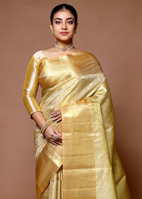 Golden Handloom Kanchipuram Pure Silk Saree With Blouse Piece