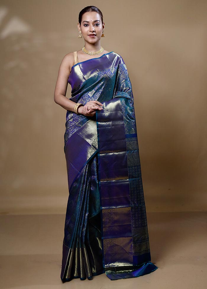 Blue Handloom Kanchipuram Pure Silk Saree With Blouse Piece