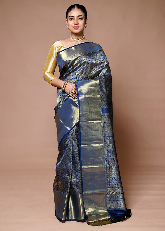 Blue Handloom Kanchipuram Pure Silk Saree With Blouse Piece