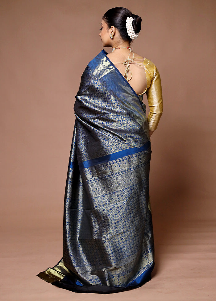 Blue Handloom Kanchipuram Pure Silk Saree With Blouse Piece