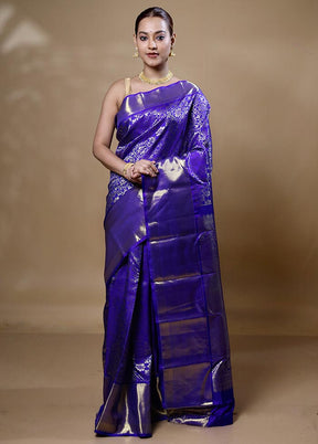 Violet Handloom Kanchipuram Pure Silk Saree With Blouse Piece